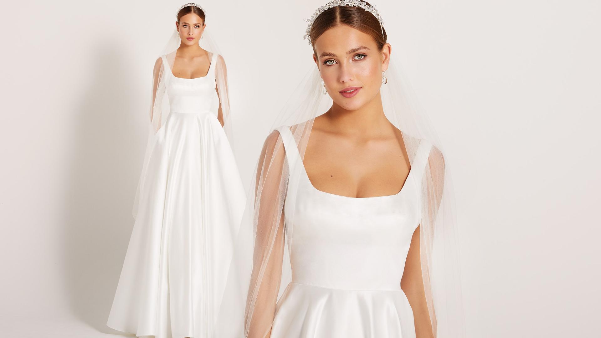 Cleanes Satin-Brautkleid mit Karree-Ausschnitt in weiter A-Linie von Lilly Brautkleider