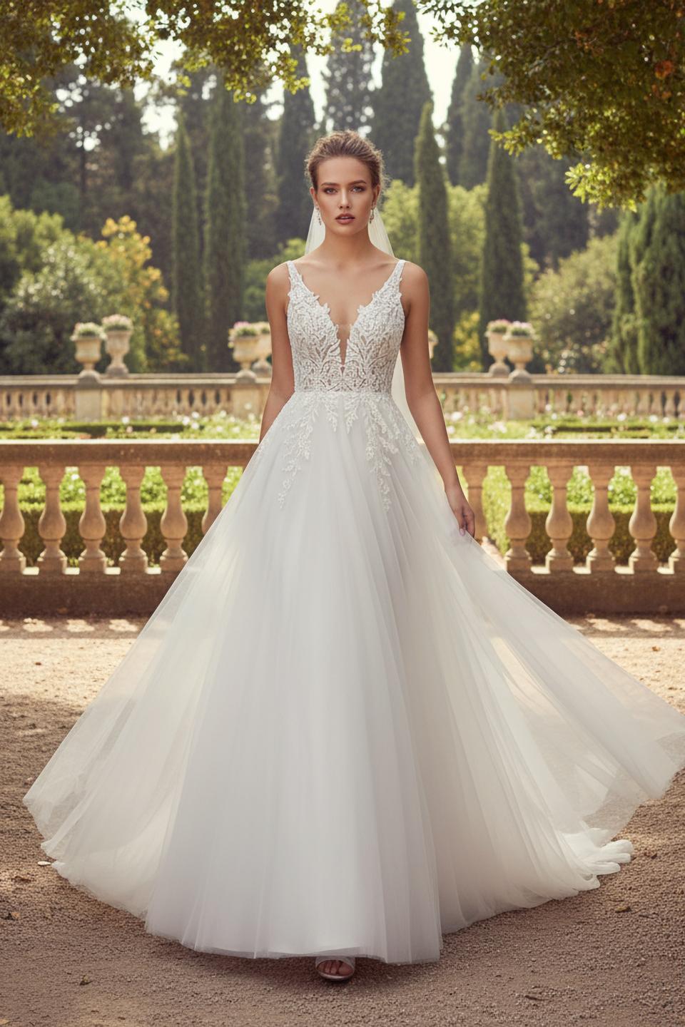 Florlet brudekjole med elegant blonde overdel med dyb V-udskæring og A-line nederdel i flere la tyl