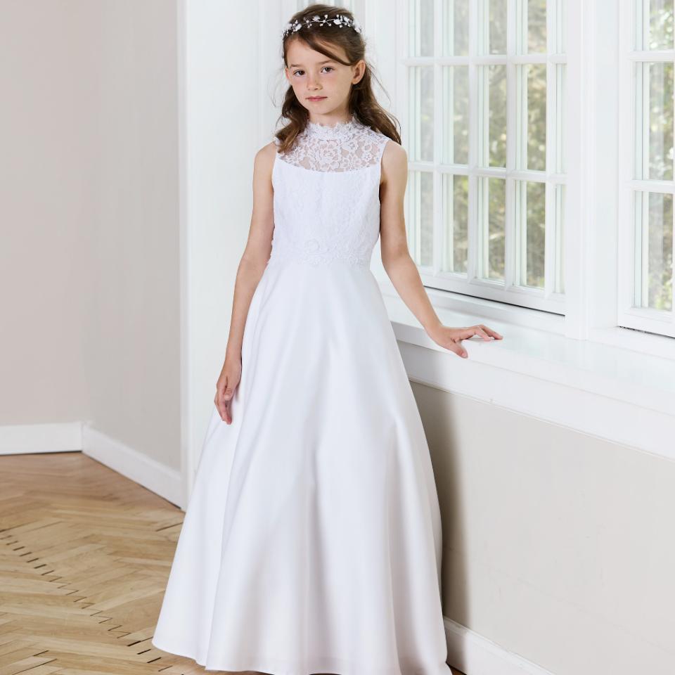 Langes Kommunionkleid aus Glitzer Tüll mit Volant Ärmelchen