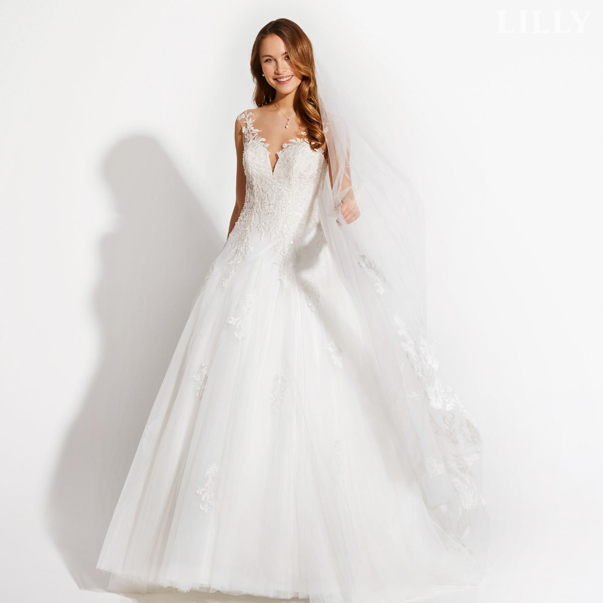 Elegantes LILLY Brautkleid mit Trägern und Rock in A-Linie mit Schleppe.