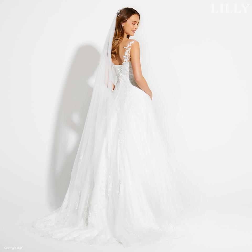 Elegantes LILLY Brautkleid mit Trägern und Rock in A-Linie mit Schleppe.