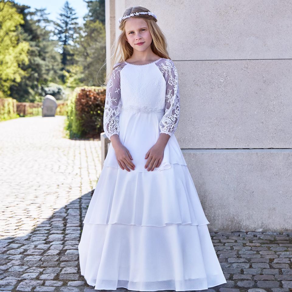 Langes Lilly Kommunionkleid Stufenrock und Spitze mit Puff-Ärmeln